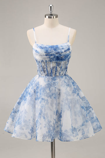 White Blue Flower A Line Corset Ruched Short Cocktail Dress